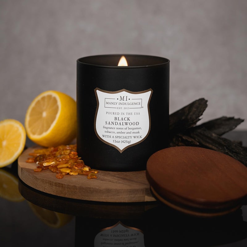 Manly Indulgence Black Sandalwood Scented Candle for Men 15 oz â€“ Bergamot, Tobacco, Amber & Musk - Wood Wick - Up to 60 Hours Burn - Soy Blend Wax, USA Poured â€“ Signature Collection - Image 3